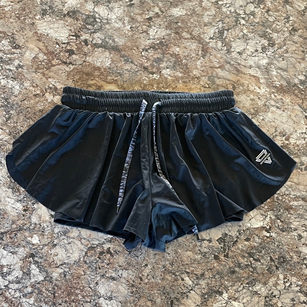 Black Women's Athletic Shorts with Layered Skirt M Drawstring Waist Running